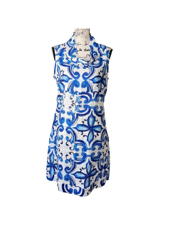 Calamassi Dresses & Skirts - Calamassi Italy Womens Size M Dress Linen Blue White Sleeveless Cowl Neck NEW